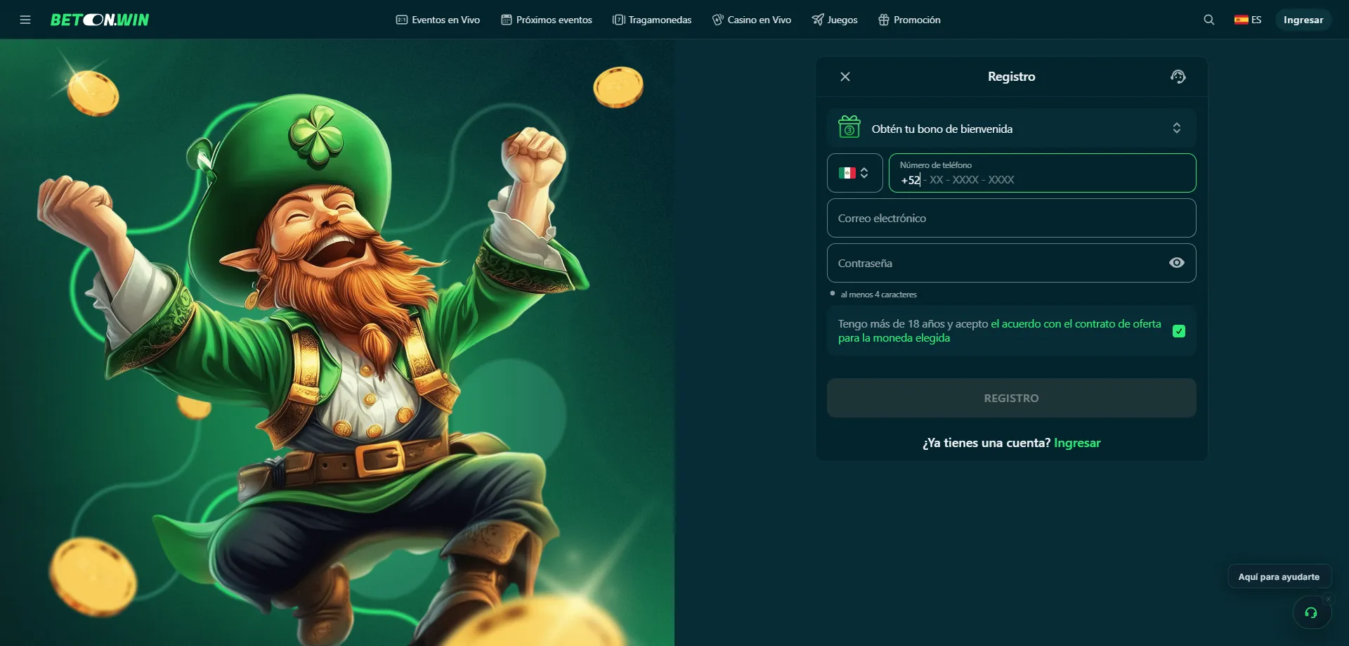 Registro de cuenta nueva en BetonWin Casino desde el móvil