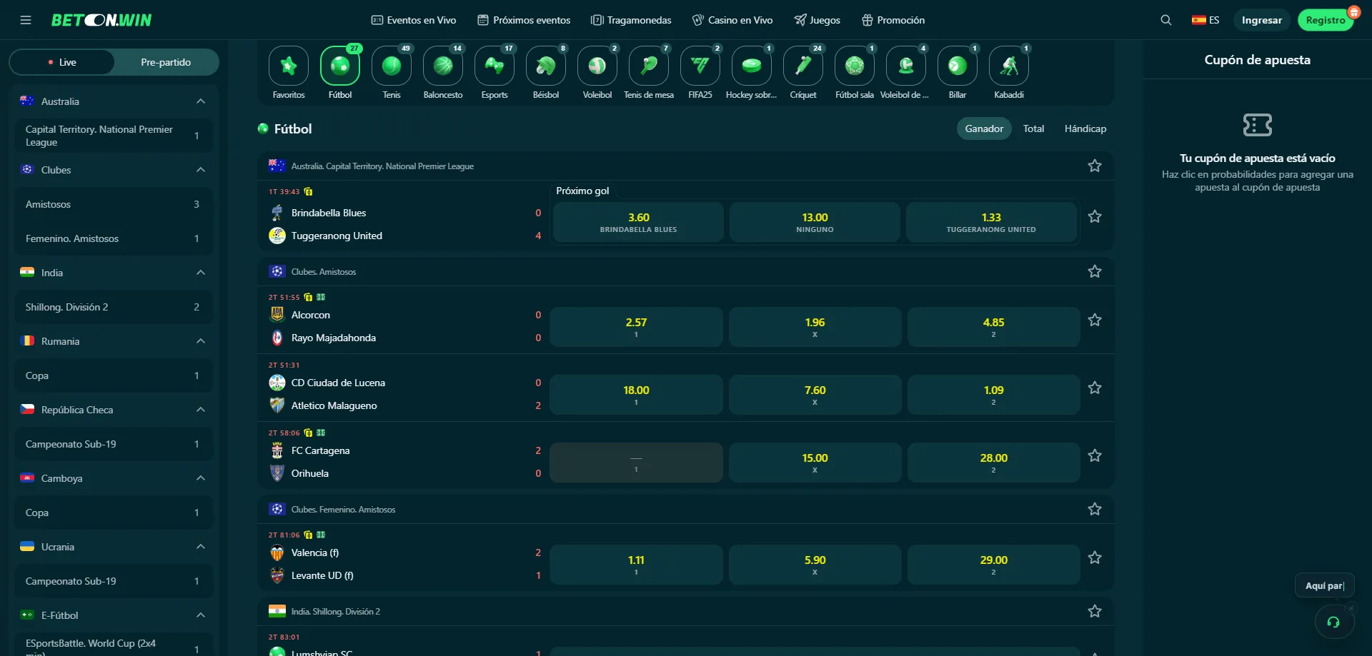 Apuestas deportivas en BetonWin &mdash; f&uacute;tbol, tenis y m&aacute;s mercados
